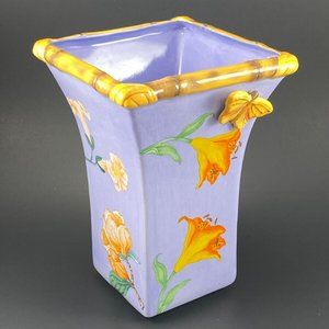 Ceramic Vase with 3D Butterfly and Bamboo Shaped Rim Flowers on Violet base Tiki
